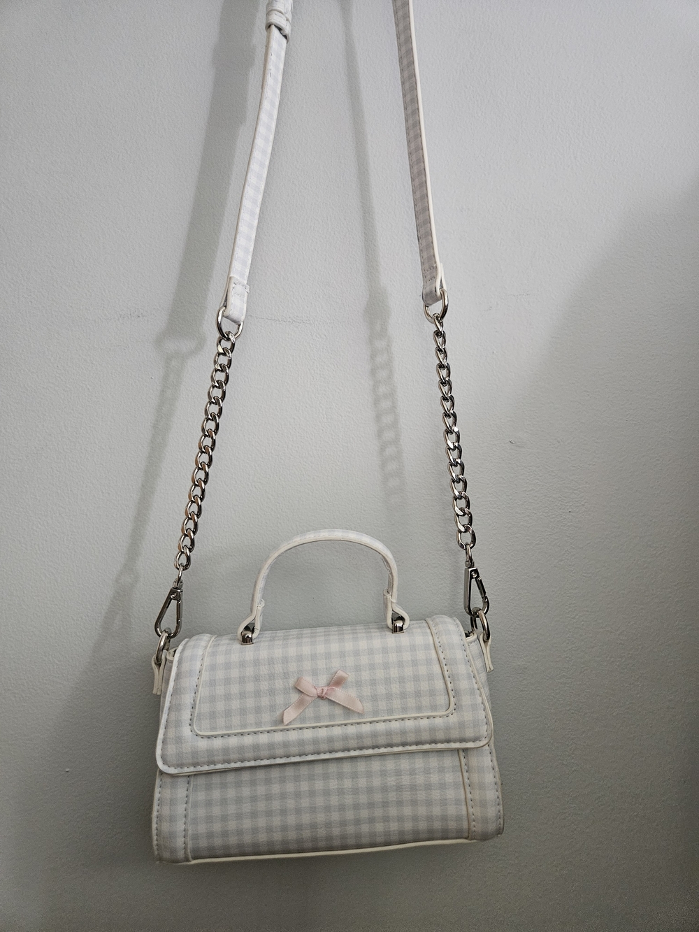 Madden Girl White Gingham Crossbody Bag with Pink Bow